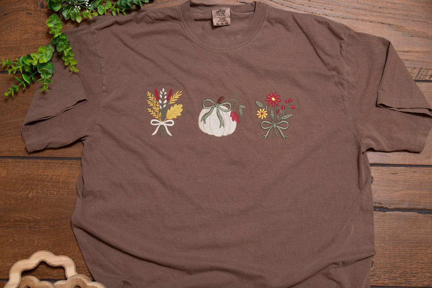 Autumn Stitches Comfort Colors Tee | Fall Embroidered Pumpkin & Floral T-Shirt