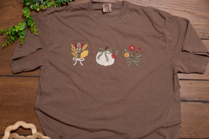 Autumn Stitches Comfort Colors Tee | Fall Embroidered Pumpkin & Floral T-Shirt