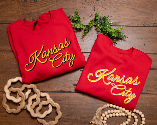 Kansas City Script Embroidered Tee & Crewneck | Custom KC Spirit Shirt or Sweatshirt