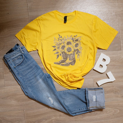 🌻 Western Sunflower Boots Tee – Bold & Bright Graphic T-Shirt