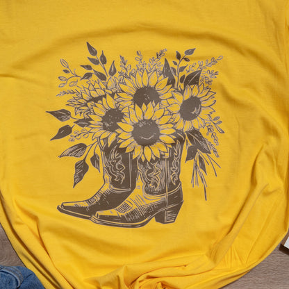 🌻 Western Sunflower Boots Tee – Bold & Bright Graphic T-Shirt