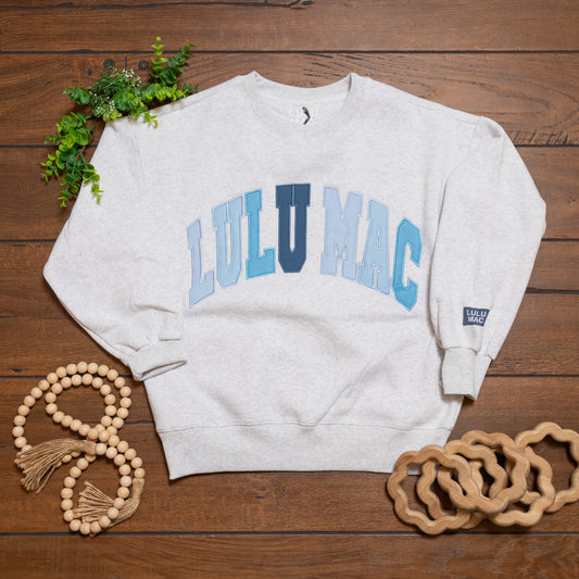 Lulumac Heather Grey Blue Letter Crewneck | Oversized Logo Sweatshirt