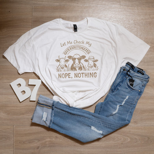 Funny Cow Graphic Tee – Let Me Check My Giveashitometer Nope Nothing T-Shirt