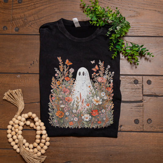 Midnight Wildflower Ghost Tee | Fall Floral Ghost Graphic T-Shirt