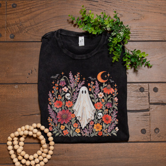 Midnight Garden Ghost Tee | Floral Halloween Graphic T-Shirt