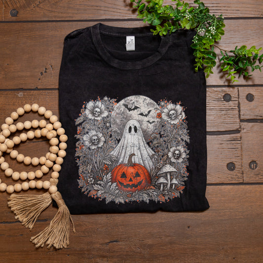 Moonlit Pumpkin Ghost Tee | Vintage Halloween Graphic T-Shirt