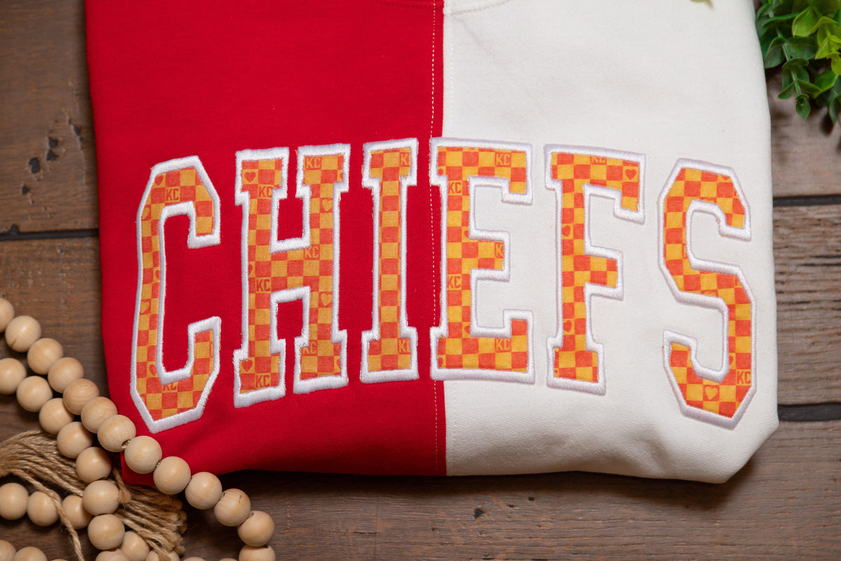Kansas City Chiefs Spirit Sweatshirts | Split Color & Appliqué Game Day Crews
