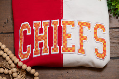 Kansas City Chiefs Spirit Sweatshirts | Split Color & Appliqué Game Day Crews