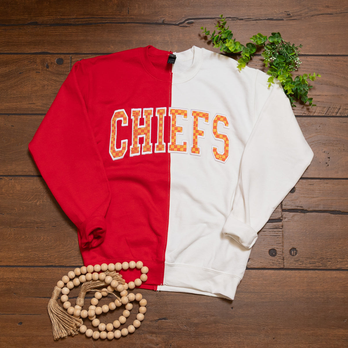 Kansas City Chiefs Spirit Sweatshirts | Split Color & Appliqué Game Day Crews
