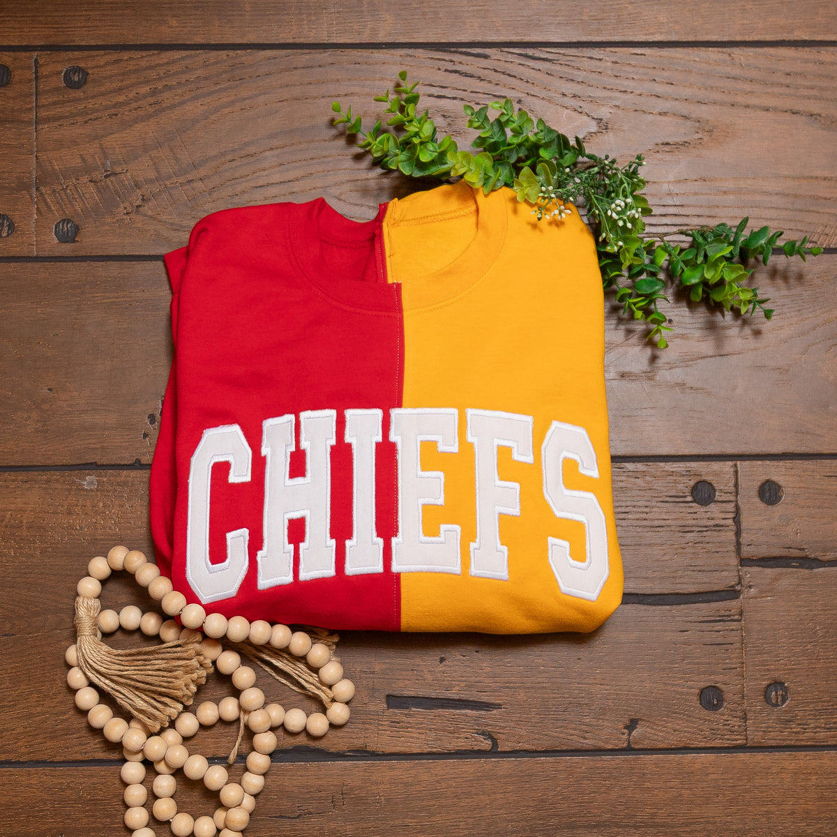 Kansas City Chiefs Spirit Sweatshirts | Split Color & Appliqué Game Day Crews