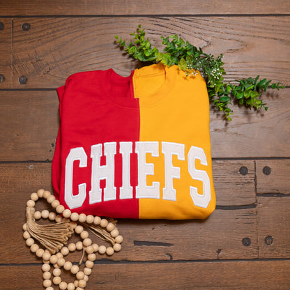 Kansas City Chiefs Spirit Sweatshirts | Split Color & Appliqué Game Day Crews