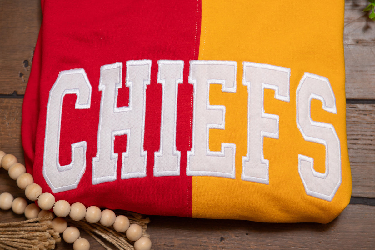 Kansas City Chiefs Spirit Sweatshirts | Split Color & Appliqué Game Day Crews