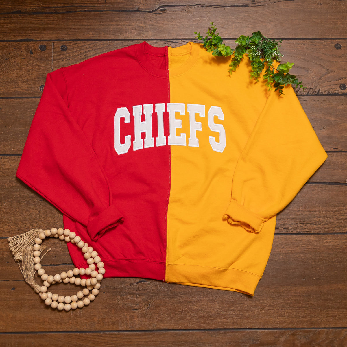 Kansas City Chiefs Spirit Sweatshirts | Split Color & Appliqué Game Day Crews