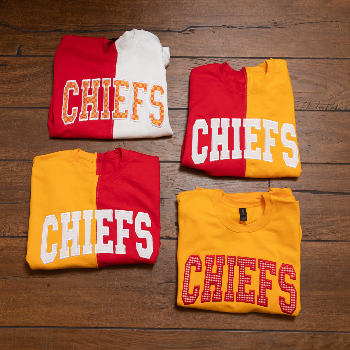 Kansas City Chiefs Spirit Sweatshirts | Split Color & Appliqué Game Day Crews