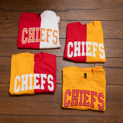 Kansas City Chiefs Spirit Sweatshirts | Split Color & Appliqué Game Day Crews