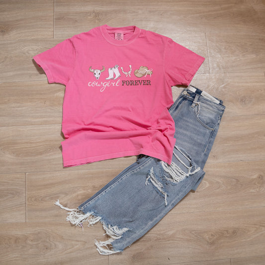 Cowgirl Forever Embroidered Comfort Colors T-Shirt – Western Graphic Tee (Pink or Brown)