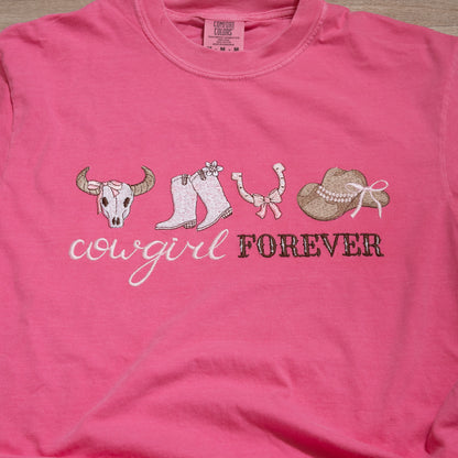 Cowgirl Forever Embroidered Comfort Colors T-Shirt – Western Graphic Tee (Pink or Brown)