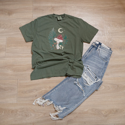 Mushroom Moon Embroidered Comfort Colors T-Shirt – Forest Boho Graphic Tee