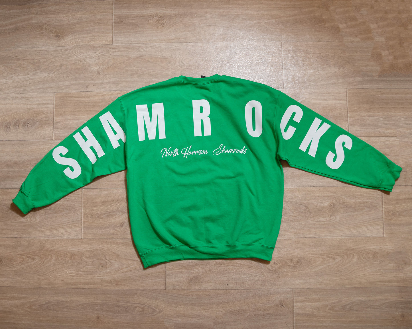 North Harrison Shamrocks Crewneck Sweatshirt – Green Spirit Wear with Clover & Bold Lettering
