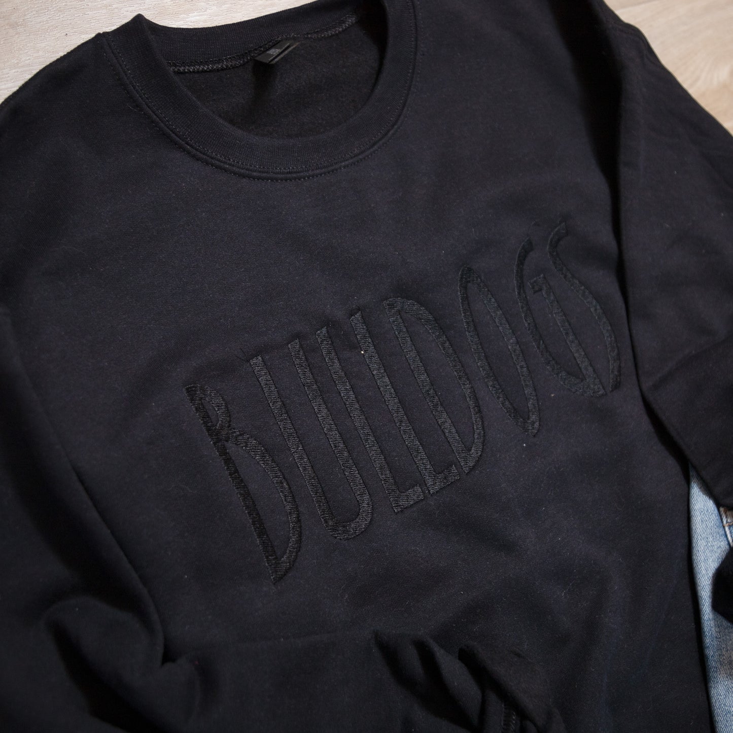 Black Out School Spirit Crewneck – Monochrome Black-on-Black Embroidered Team Pride Sweatshirt