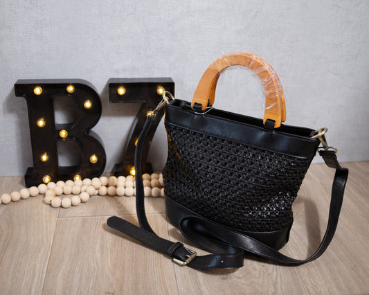 Black Havana Faux Cane Wood Handle Satchel Tote by Joy Susan