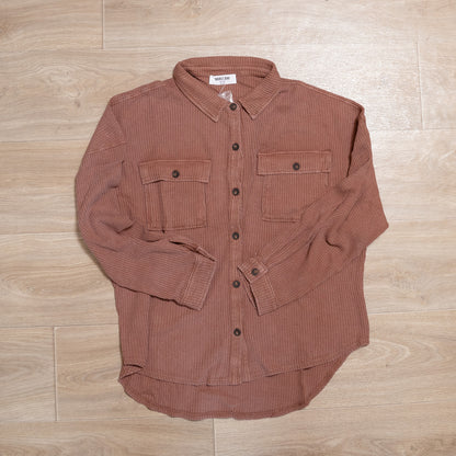 Oversized Mineral Washed Waffle Button-Up Shacket – Soft & Relaxed Women’s Layering Jacket