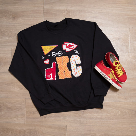 KC Game Day Appliqué & Embroidered Black Crewneck – One-of-a-Kind Fan Favorite