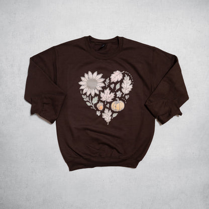 Fall Floral Heart Graphic Crewneck – Cozy Brown Autumn Sweatshirt