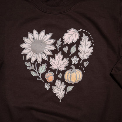 Fall Floral Heart Graphic Crewneck – Cozy Brown Autumn Sweatshirt