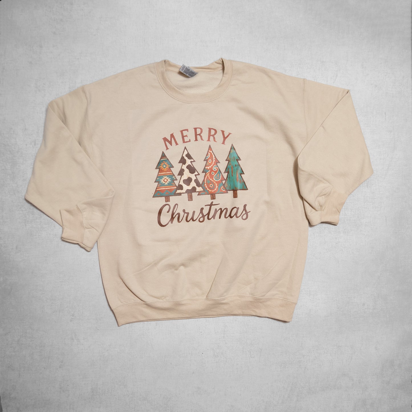 Merry Christmas Southwest Trees Crewneck – Cozy Neutral Holiday Sweatshirt