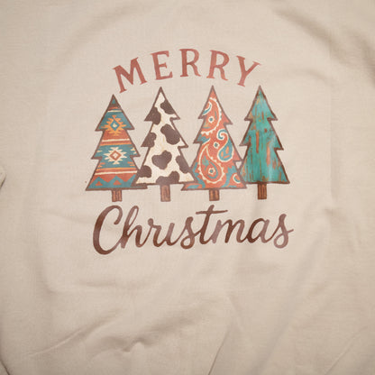 Merry Christmas Southwest Trees Crewneck – Cozy Neutral Holiday Sweatshirt
