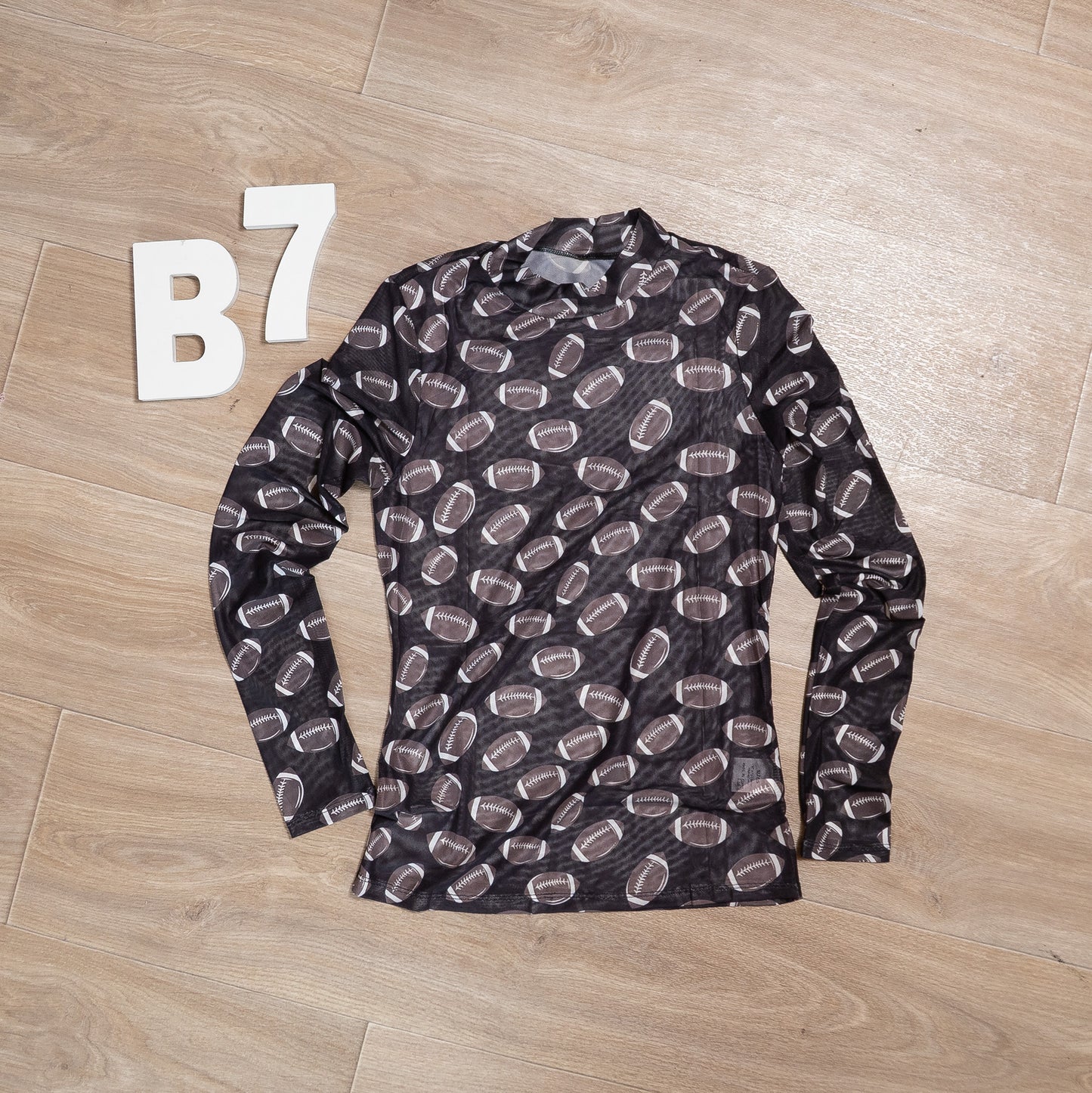 Black Football Print Mesh Long Sleeve Top – Game Day Layering Tee