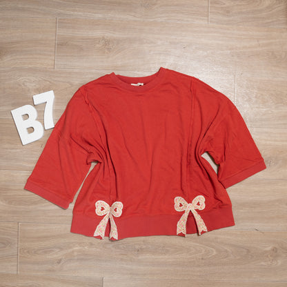 Easel Bow Patch Bottom Hem Mineral Washed Terry Pullover – Oversized Floral Bow Detail Sweater