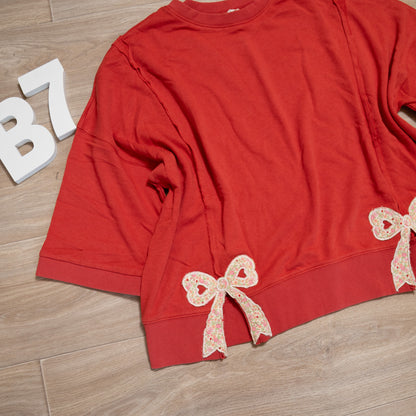 Easel Bow Patch Bottom Hem Mineral Washed Terry Pullover – Oversized Floral Bow Detail Sweater