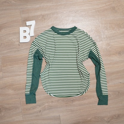 Green Striped Raglan Long Sleeve Top – Casual Everyday Knit Shirt