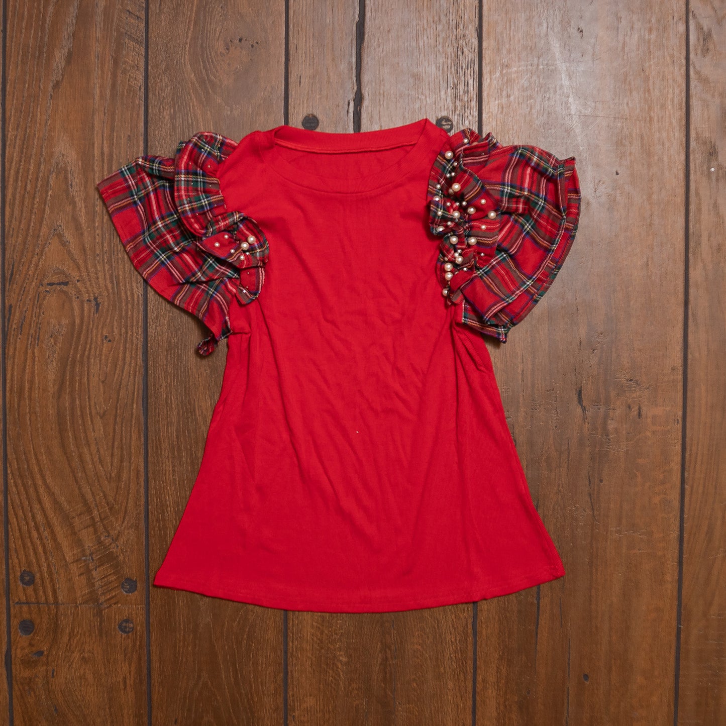 Red Plaid Ruffle Sleeve Top with Pearl Embellishments – Festive Statement Tee