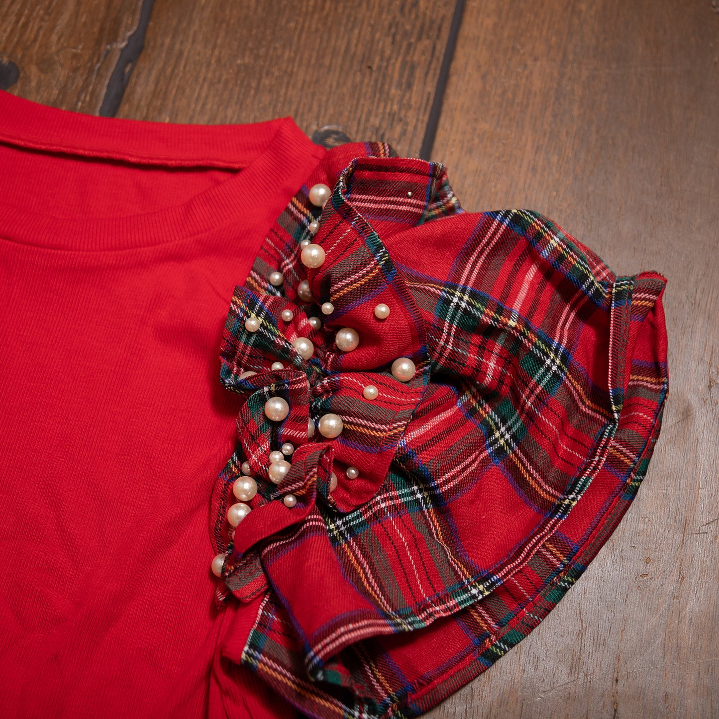 Red Plaid Ruffle Sleeve Top with Pearl Embellishments – Festive Statement Tee