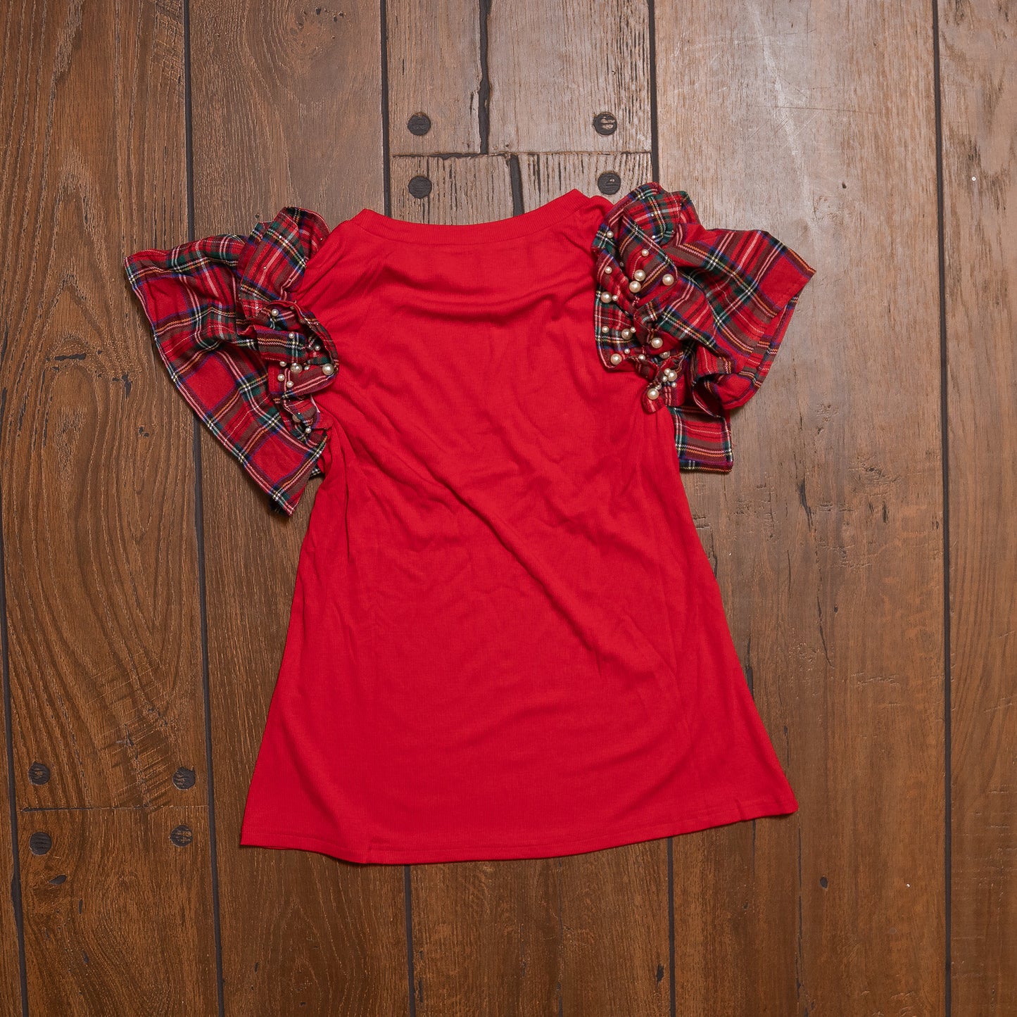 Red Plaid Ruffle Sleeve Top with Pearl Embellishments – Festive Statement Tee