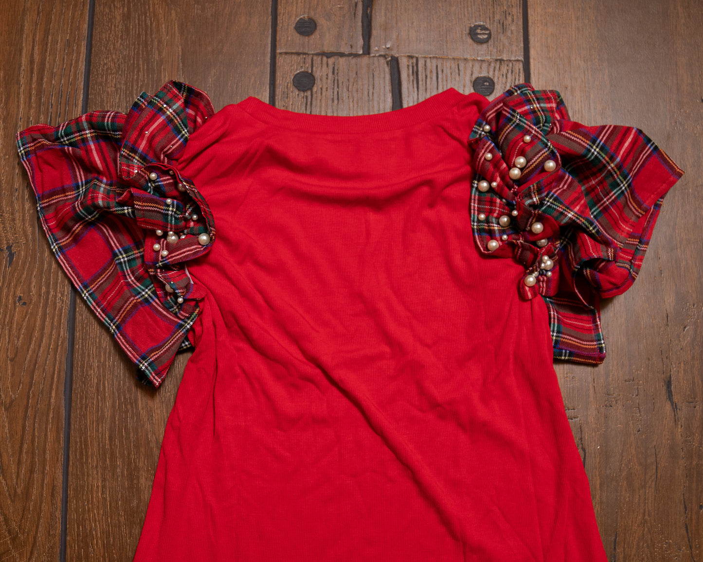 Red Plaid Ruffle Sleeve Top with Pearl Embellishments – Festive Statement Tee