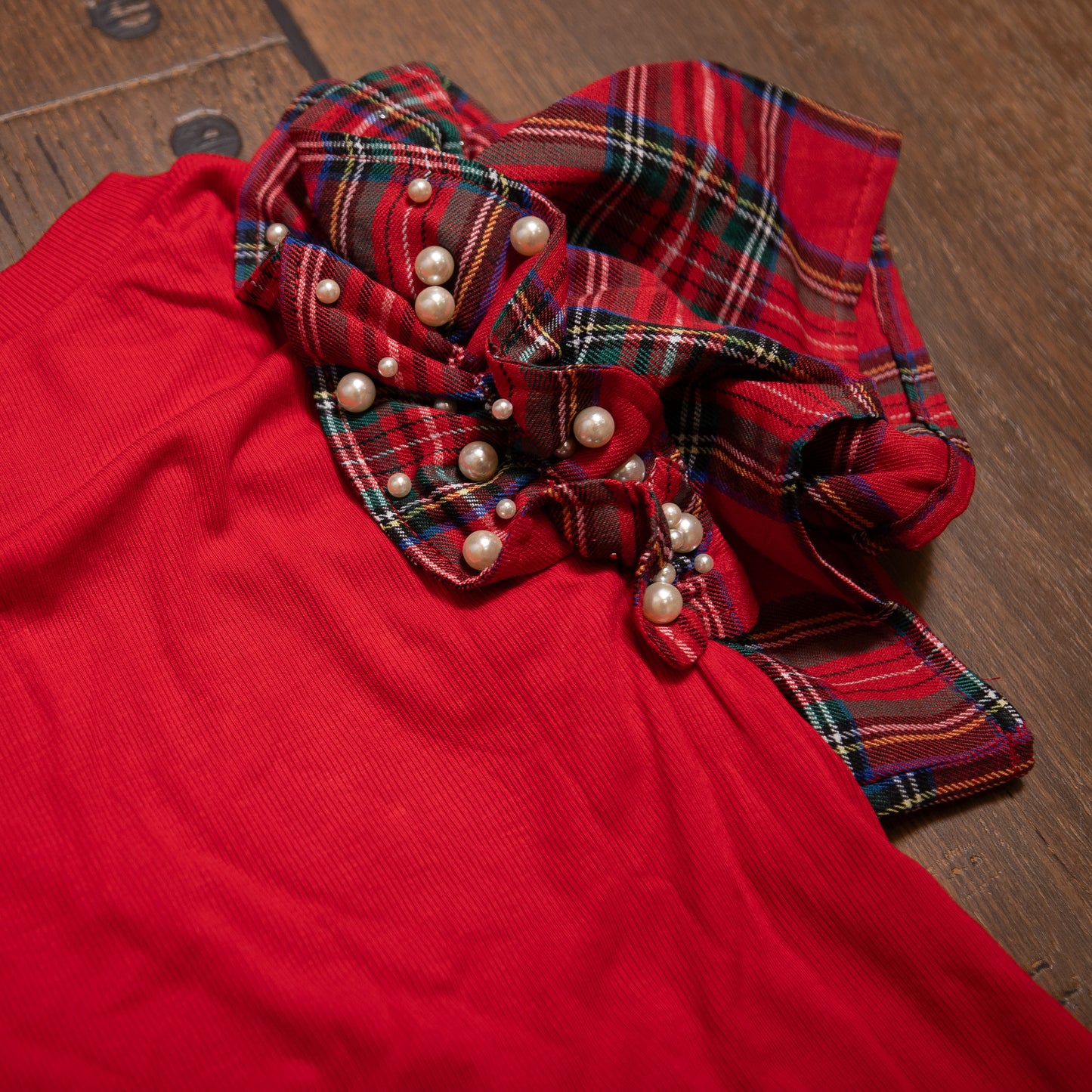 Red Plaid Ruffle Sleeve Top with Pearl Embellishments – Festive Statement Tee