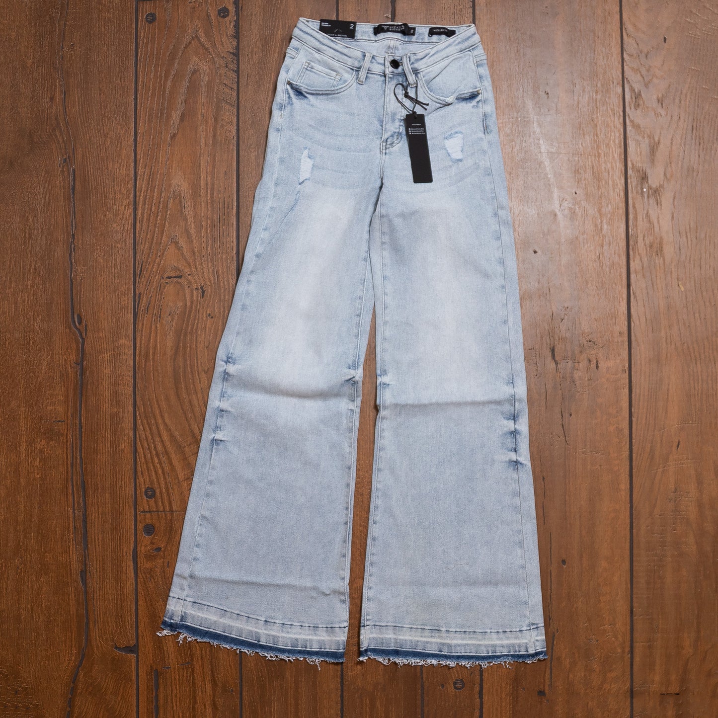 Lucky & Blessed Mid Rise Light Wash Trouser Jeans with Raw Hem – 32” Inseam