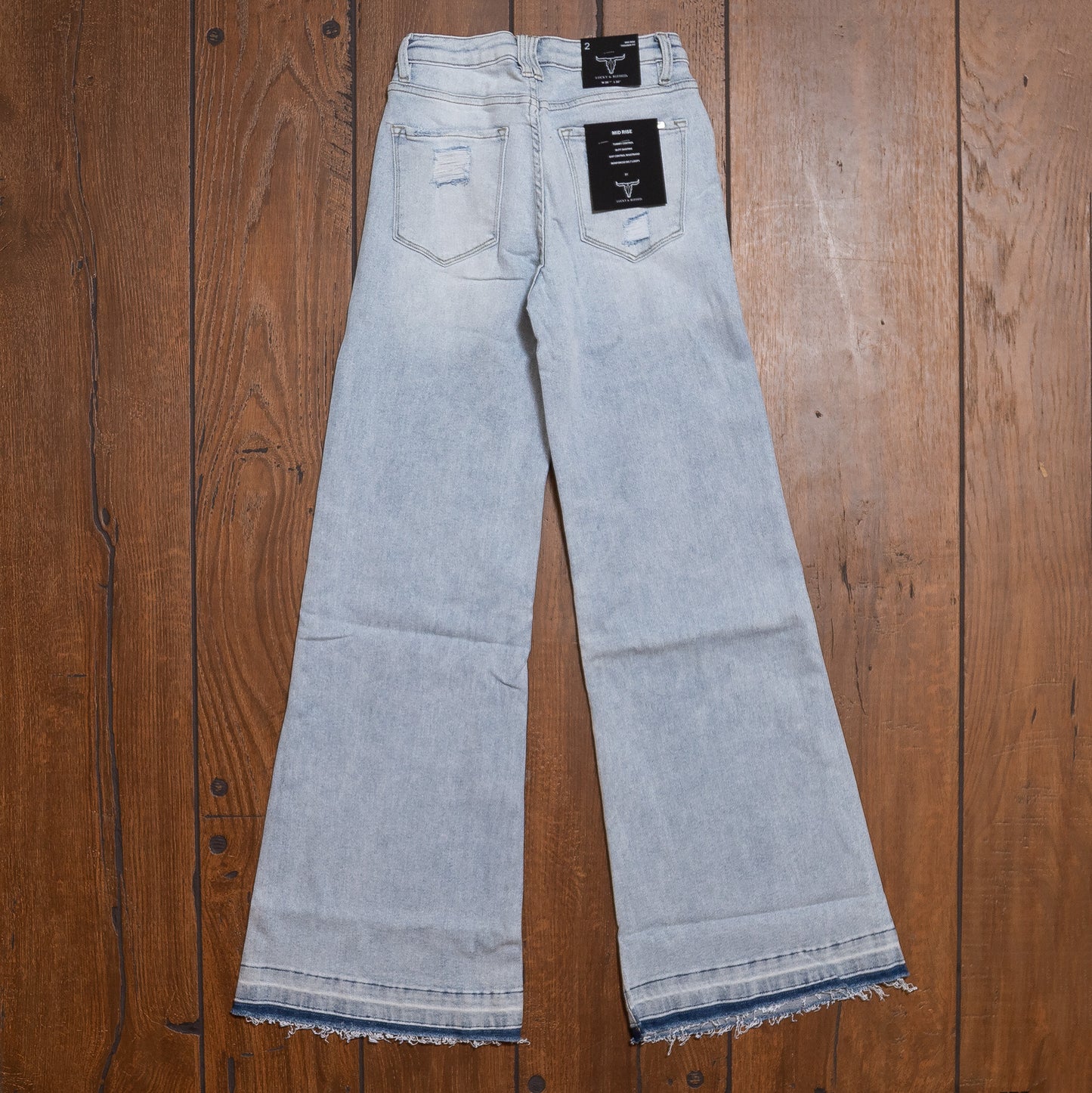 Lucky & Blessed Mid Rise Light Wash Trouser Jeans with Raw Hem – 32” Inseam