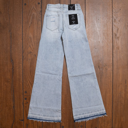 Lucky & Blessed Mid Rise Light Wash Trouser Jeans with Raw Hem – 32” Inseam