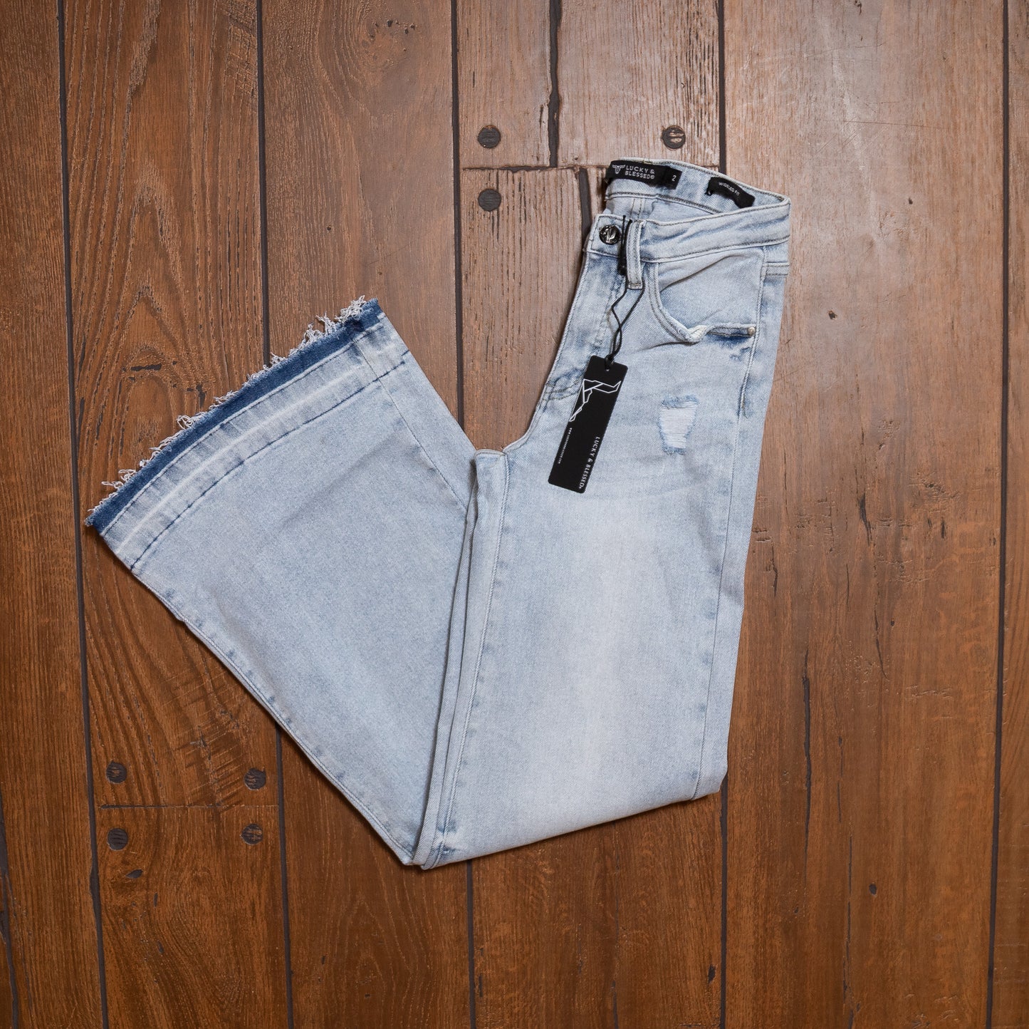 Lucky & Blessed Mid Rise Light Wash Trouser Jeans with Raw Hem – 32” Inseam