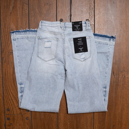 Lucky & Blessed Mid Rise Light Wash Trouser Jeans with Raw Hem – 32” Inseam