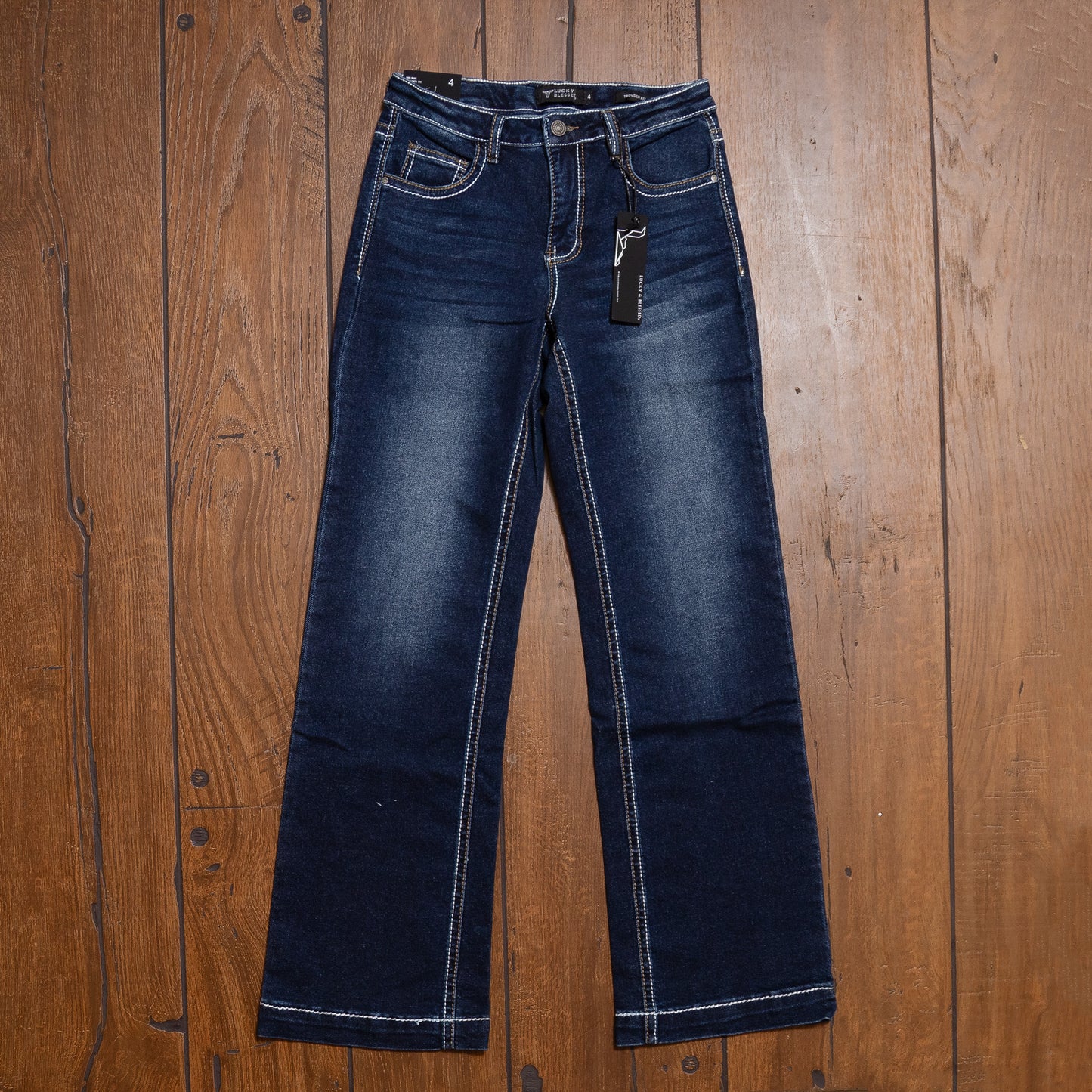 Lucky & Blessed Dark Wash High Rise Boot Cut Jeans with Embroidered Pockets – 32” Inseam