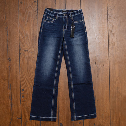 Lucky & Blessed Dark Wash High Rise Boot Cut Jeans with Embroidered Pockets – 32” Inseam