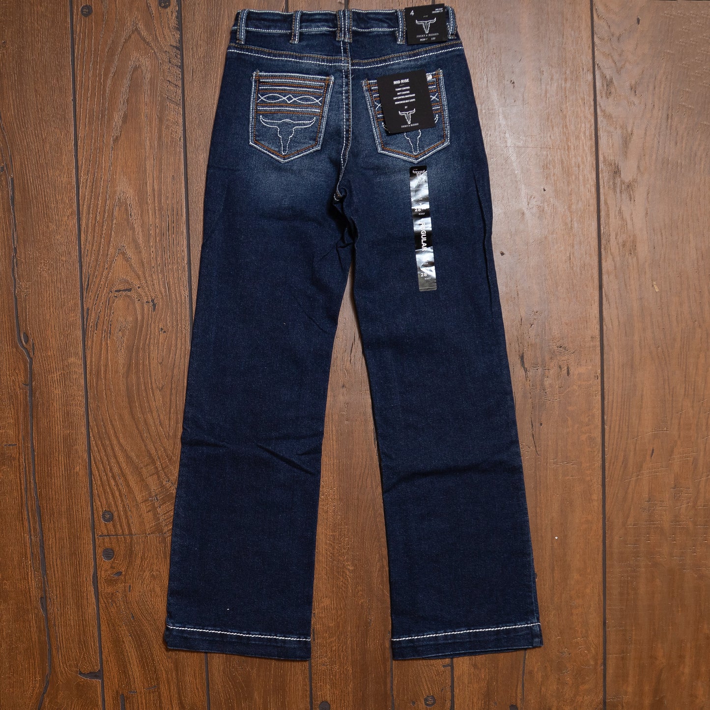 Lucky & Blessed Dark Wash High Rise Boot Cut Jeans with Embroidered Pockets – 32” Inseam