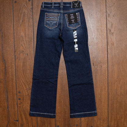 Lucky & Blessed Dark Wash High Rise Boot Cut Jeans with Embroidered Pockets – 32” Inseam
