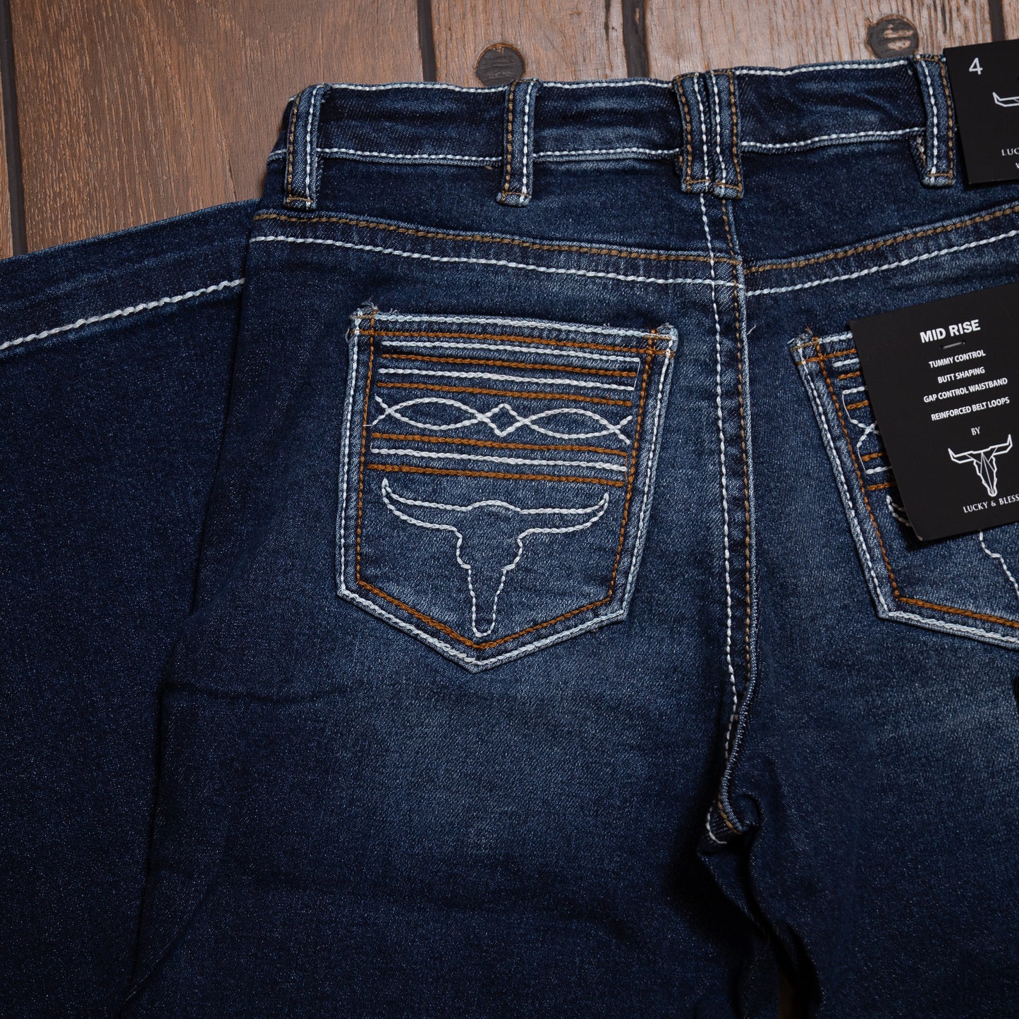Lucky & Blessed Dark Wash High Rise Boot Cut Jeans with Embroidered Pockets – 32” Inseam